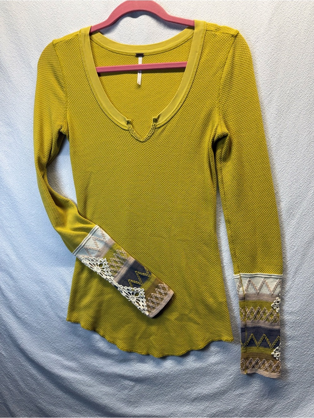 BOHO Chic Free People Mustard Thermal Kombucha Long Sleeve Tee Embroider Sleeve